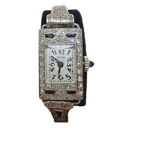 Vintage 1920s Glycine Platinum Diamond & Sapphire Watch - Sterling Silver Band